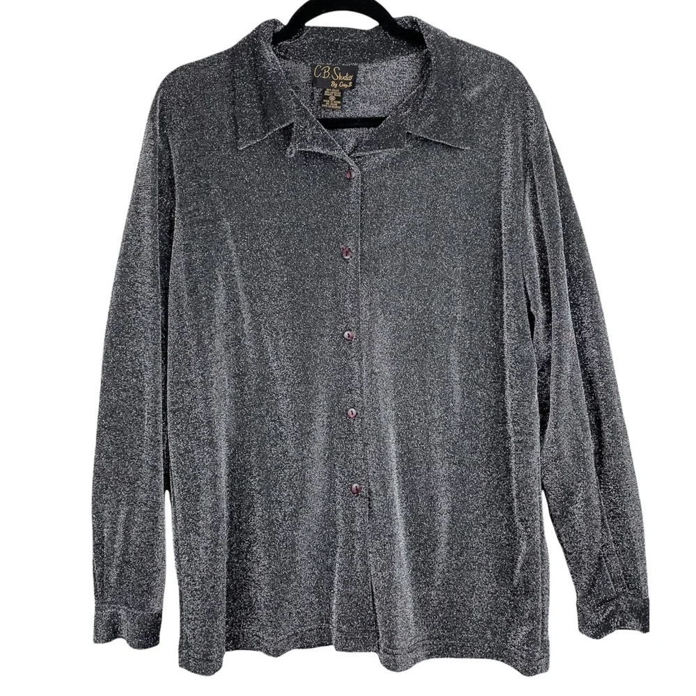 Vtg C.B. Studio Womens Silver Metallic Button Down Sparkle Holiday Top